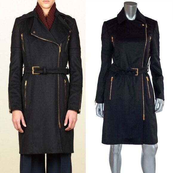 GUCCI COAT BLACK FELTED WOOL CASHMERE w BELT GOLDTONE ZIPPERS TRENCH IT 42 US 6 - Picture 1 of 15